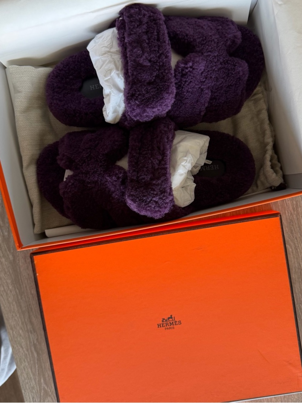 New Copy Hermes ! SANDALS CHYPRE CHEVRE fur 
WINE - Purple size 38